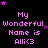 Pixelated text reads "My Wonderful Name is Alii<3" in pink on black, surrounded by scattered pink and purple stars, with a gray rectangle in the bottom-right corner.