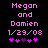 Pixelated pink text on black background reads "Megan and Damien 1/29/08" with five heart symbols below, two versions differ in fourth heart color.