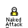 Pixelated character in yellow shirt performs multiple actions including raising arms, turning, and removing a hat, with text "Naked Attack" below.