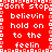 Red background with white pixelated text repeating 'don't stop believin hold on to the feelin' in a pattern, bordered by alternating red and white squares