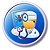 Blue circular icon with pixelated cartoon character holding a yellow object, standing on white clouds against a blue background.