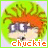 Pixelated cartoon character icon with orange hair, glasses, and green background featuring the text 'chuckie' at bottom.