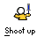 Pixelated character in yellow shirt holds blue-and-gray sword above head, with white circular face and outstretched arm, below text reading 'Shoot up' on gray background.