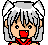 Pixel art contact sheet of two animated frames showing a character with silver hair, wolf ears, and red clothing in different facial expressions.