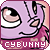 Pixelated purple cyborg bunny with large brown eyes, pinkish nose, and patterned magenta clothing; text "CYBBUNNY" in white pixel font on dark red banner below.