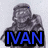 Pixelated grayscale figure with a blue dot on the head, wearing dark clothing and holding an object near its face, with bold blue text "IVAN" below.