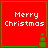 Red square with green border displaying 'Merry Christmas' text and a small green snowman icon in the bottom-right corner.