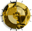 A 4-frame animated contact sheet showing a circular golden icon with rotating segments revealing different historical figures in sepia tones, set against a gray transparency background.