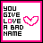 A 6-frame animated contact sheet of a pixel art buddy icon with pink borders, displaying the phrase "YOU GIVE LOVE A BAD NAME" and changing heart symbols across frames.