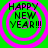 Green background with four identical circular pink rings surrounding black text reading HAPPY NEW YEAR!!! in a