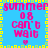 A static digital image with a bright blue background, yellow and green square border, and repeated pink text reading "summer 08 can't wait" with a small pink heart symbol.