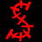 Two side-by-side animated frames of a red pixelated symbol on black background, showing slight motion variation between left and right versions.
