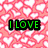 A pixelated image with a pink heart-patterned background, green text reading 'I LOVE', and a of pink hearts at the bottom