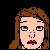 Pixelated cartoon face with brown hair, red lips, and closed eyes on the right side.
