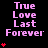 Animated contact sheet of a 3x3 grid showing sequential frames of an icon with pink text and red hearts on black background, each frame displaying 'True Love Last Forever' in pixelated font with increasing heart count per column.