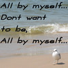 Beach scene with a seagull on sand, waves in background, and overlaid text reading 'All by myself... Don't want to be, All by myself...' in black font.
