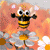 Animated bee with black and yellow stripes, large white eyes, and translucent wings perched on a white flower with orange center against orange background.