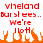 Red pixelated text reads "Vineland Banshees.. We're Hot" above orange flame shapes on white background.