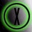 Green circular rings surround a black X symbol on a gradient background.