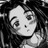 Black-and-white pixelated anime-style character face with text elements on a dark background, part of an animated contact sheet frame.