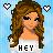 Pixelated image of a person with long brown hair wearing white top, two heart symbols on light blue background, text 'HEY' at bottom.