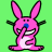 Pixelated pink bunny mascot with blue nose, wide grin, and raised arms against bright green background.
