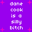 Purple background with pink starbursts and repeated white pixelated text reading "done cook is a silly bitch" in two
