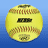 A yellow softball with red stitching and a black logo on blue background, surrounded by pixelated text about baseball statistics and team colors.
