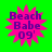 Four identical pink starburst-shaped icons with purple text reading 'Beach Babe 09' on a bright green background, arranged in a two-by-two