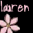 Pixelated pink text "lauren" above two pink flowers on black background with visible dithering and anti-aliasing artifacts.