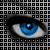 Pixelated blue eyes with black eyeliner on a of blue and gray squares, partially cropped on the right side