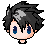 Pixel art character head with spiky black hair and blue eyes in three expressions: open-eyed, squinting, and closed-eyed.