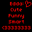 Red pixelated text and symbols on black background, two identical side-by-side with 'Edda:' followed by a heart symbol, then 'Cute', 'Funny', 'Smart', and '(3333333)' in red