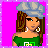 A 3x2 contact sheet of pixel art frames showing a cartoon woman in green top and gray pants with accessories, alongside text elements on pink backgrounds.
