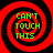 Four identical red and black spiral patterns with green text reading CAN'T TOUCH THIS arranged in a