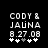 Black background displays white pixelated text 'CODY & JAUNA 8.27.08' with five star symbols below, two versions differ in star coloration.