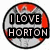 Four circular icons with red and gray backgrounds display text: "I LOVE HORTON," "<333," "Horton Hatches an egg," and "Horton hears a who." Each icon has black borders.