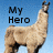 Pixelated image of a light brown llama standing against a blue sky background with black text reading 'My Hero' above it.