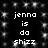 Black background with white pixelated text reading "jenna is da shizz" repeated in two vertical , surrounded by scattered light gray sparkles