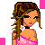Pixelated character in pink and black outfit with pink accessories, holding a pink bag, standing against white background with pink shapes.