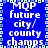 Blue background with white pixelated text reading 'Mqp future city/ county champs' arranged in a pattern, bordered by light blue square pixels