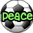 Three soccer ball icons with text overlays: 'peace' in green, 'love' in blue, and 'VIP' in pink.