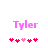 Pixelated pink text 'Tyler' above five pink heart icons with one lighter pink heart in the center, displayed in two side-by-side frames.