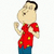 Pixelated cartoon character in red shirt and blue pants with raised arm gesture against white background.