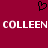 A static image with a solid maroon background features white pixelated text reading "COLLEEN COLLEEN" and a black pixelated heart symbol above the text.