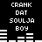 Pixelated black-and-white animation with repeated text and bar graphs, showing text 'CRANK DAT SOULJA BOY' and bar graph changes across frames.