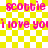 Yellow and white checkered background with pink text reading "scottie" and "i love you" in two , featuring a small yellow starburst effect