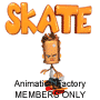 Orange 'SKATE' text above a cartoon character on a skateboard with 'Animation Factory MEMBERS ONLY' below, repeated in a