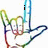 A hand making a rock-on gesture with rainbow-colored outlines, displaying text above it that changes across frames.