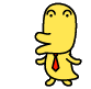 Yellow cartoon character with red tie in various poses including mouth open, hand near face, and speech bubble.